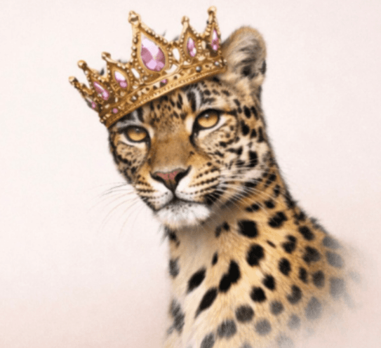 A leopard wearing a jewelled gold crown